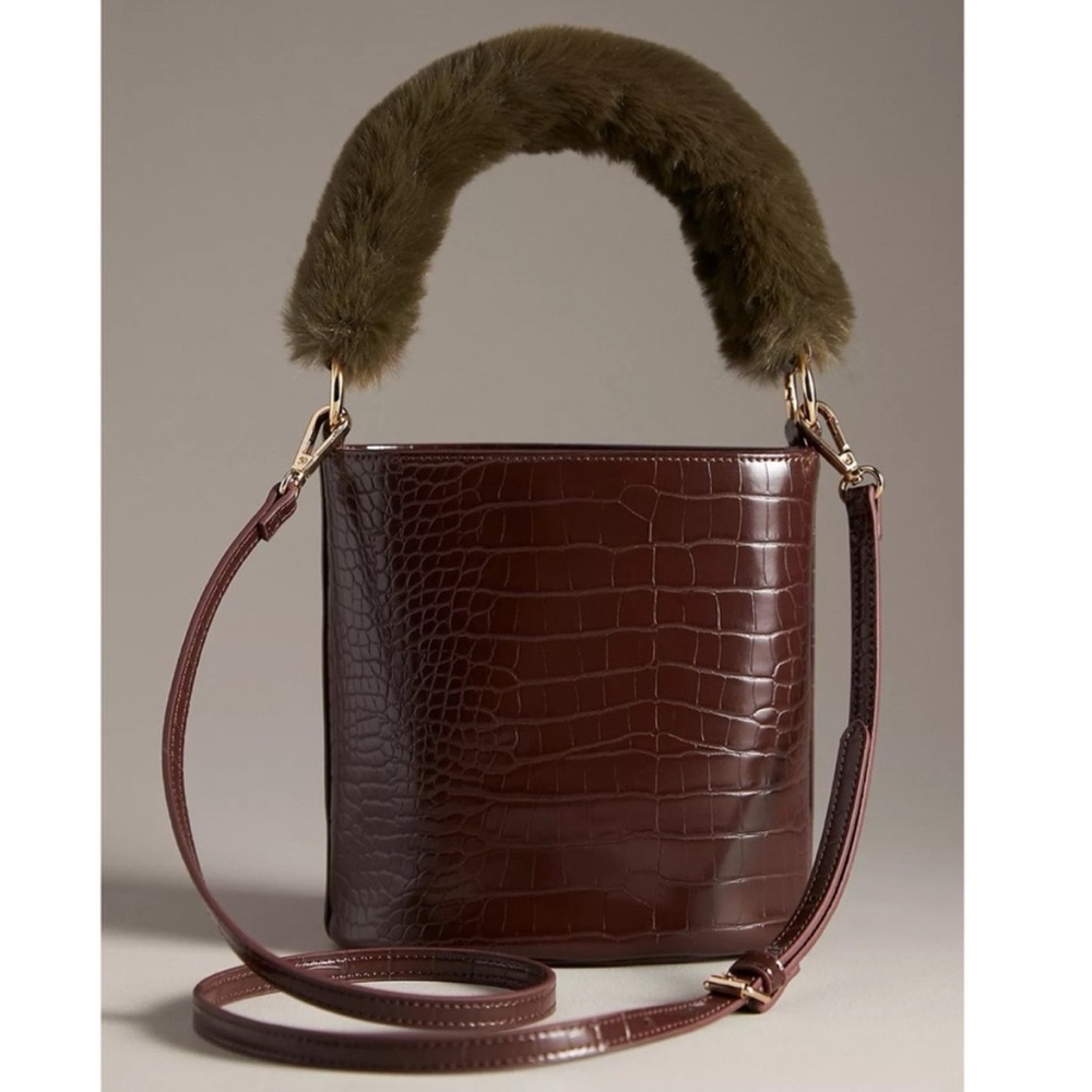 Anthropologie | Brown Croc-Embossed Bucket Bag with Faux Fur Handle